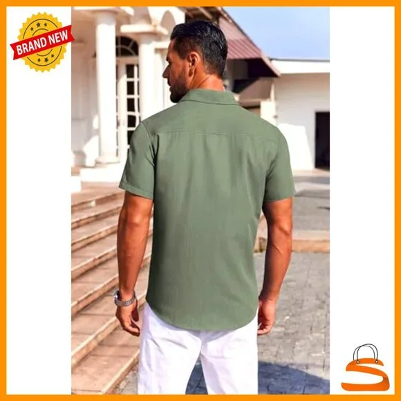 Short Sleeve Button Down Shirt Casual Stretch Denim Dress Shirt with Pocket
